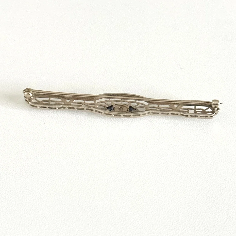 Antique 14K Solid White Gold Sapphire & Diamond Intricate Detail Bar Brooch Pin